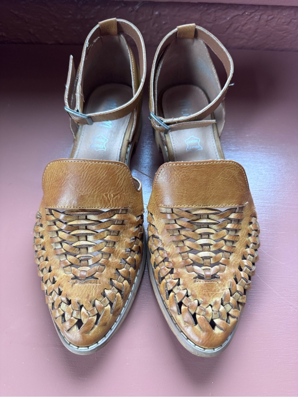 Mi.iM Leather Woven Huarache Mules Ankle Strap Flats - Tan Size 7.5